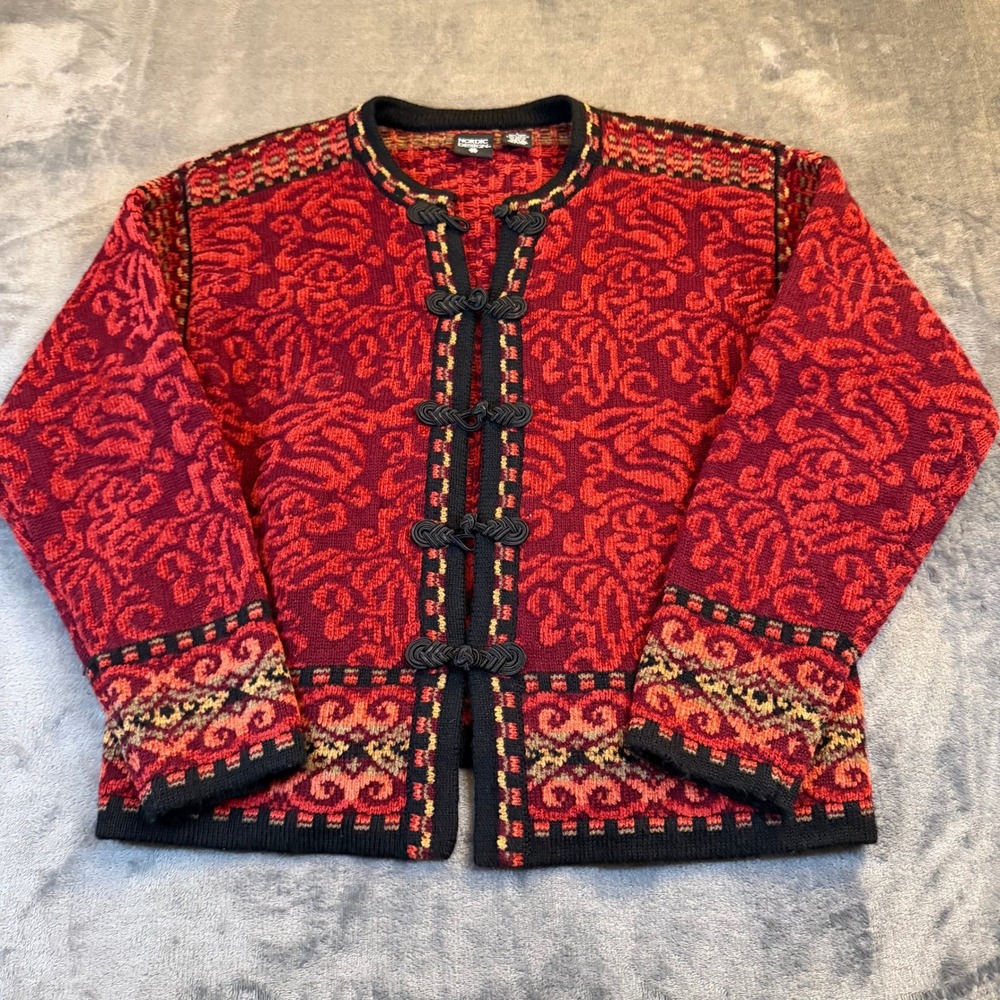 Nordic Design Red Black Floral Knit Jacket Cardigan Frog Closure Womens Large
